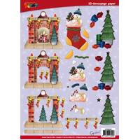 Christmas Fireplace, Stocking & Tree Decoupage Paper Tole Sheet