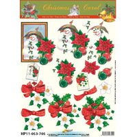 Snowman & Baubles with Poinsettias& Holly Paper Tole Sheet