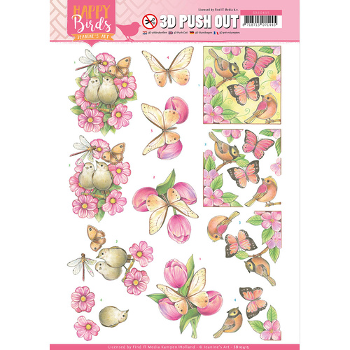Janines Art Happy Birds Pink Dance A4 Die Cut Paper Tole Decoupage