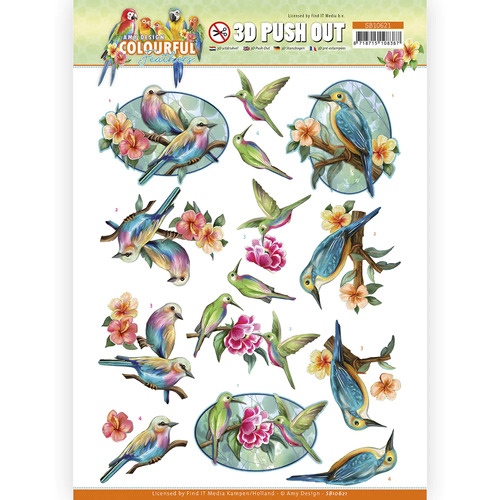 3D push out- Amy Design - Colourful Feathers - Hummingbird A4 Die Cut Paper Tole Decoupage