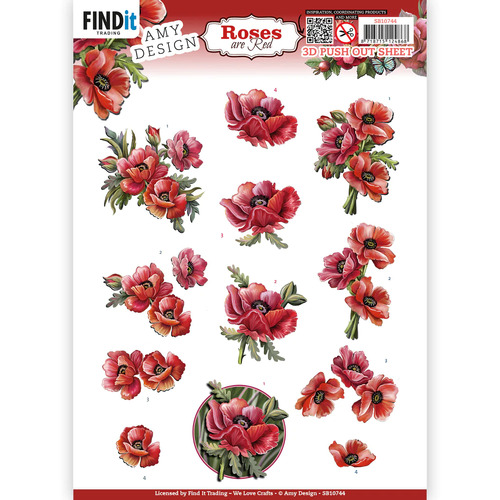 3D push out - Amy Design - Roses are red - Poppies -  A4 Die Cut Paper Tole Decoupage