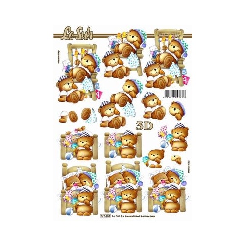 Teddies in the Bed Paper Tole Sheet